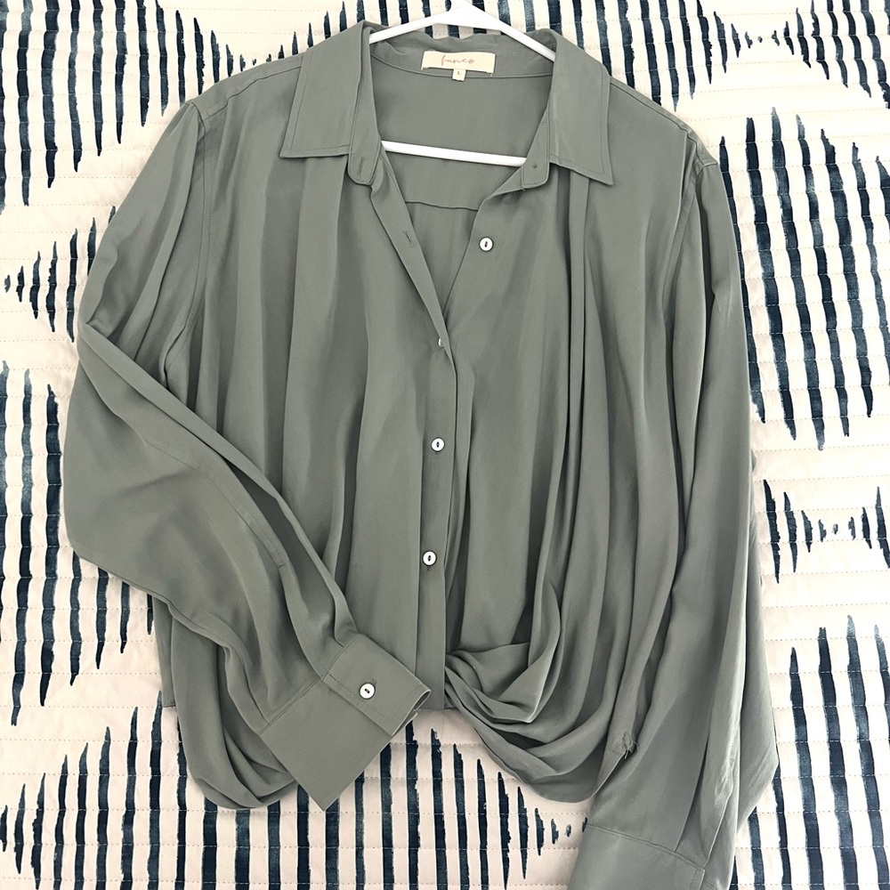 Green Button Down Blouse with Notched Collar and Tie Front
